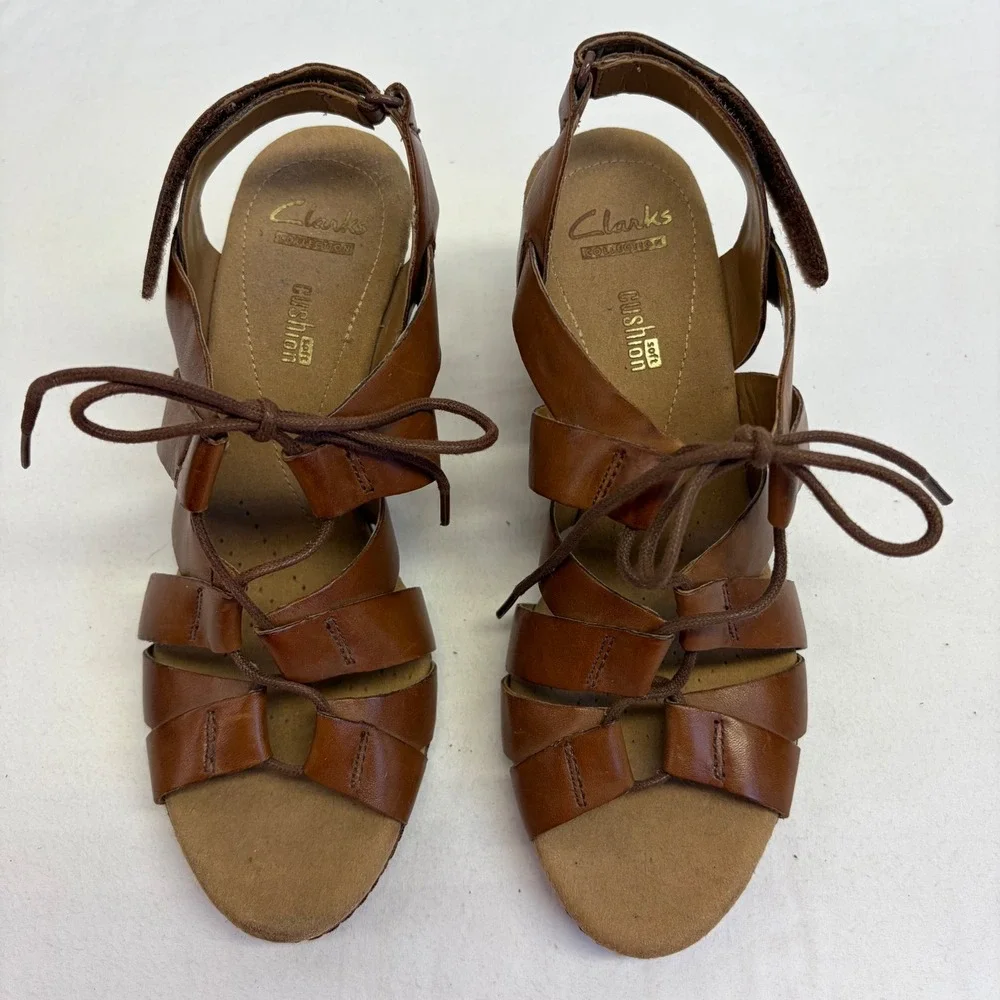 Clarks Collection Wedge Sandals Womens Size 8 Brown Leather Lace Up Cork Comfort